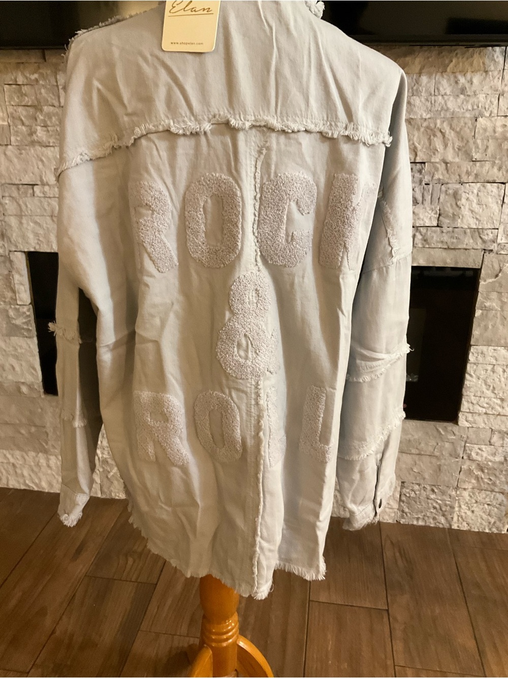 Elan Light Gray Jean Jacket with Frayed 'Rock & Roll' Back Size XL